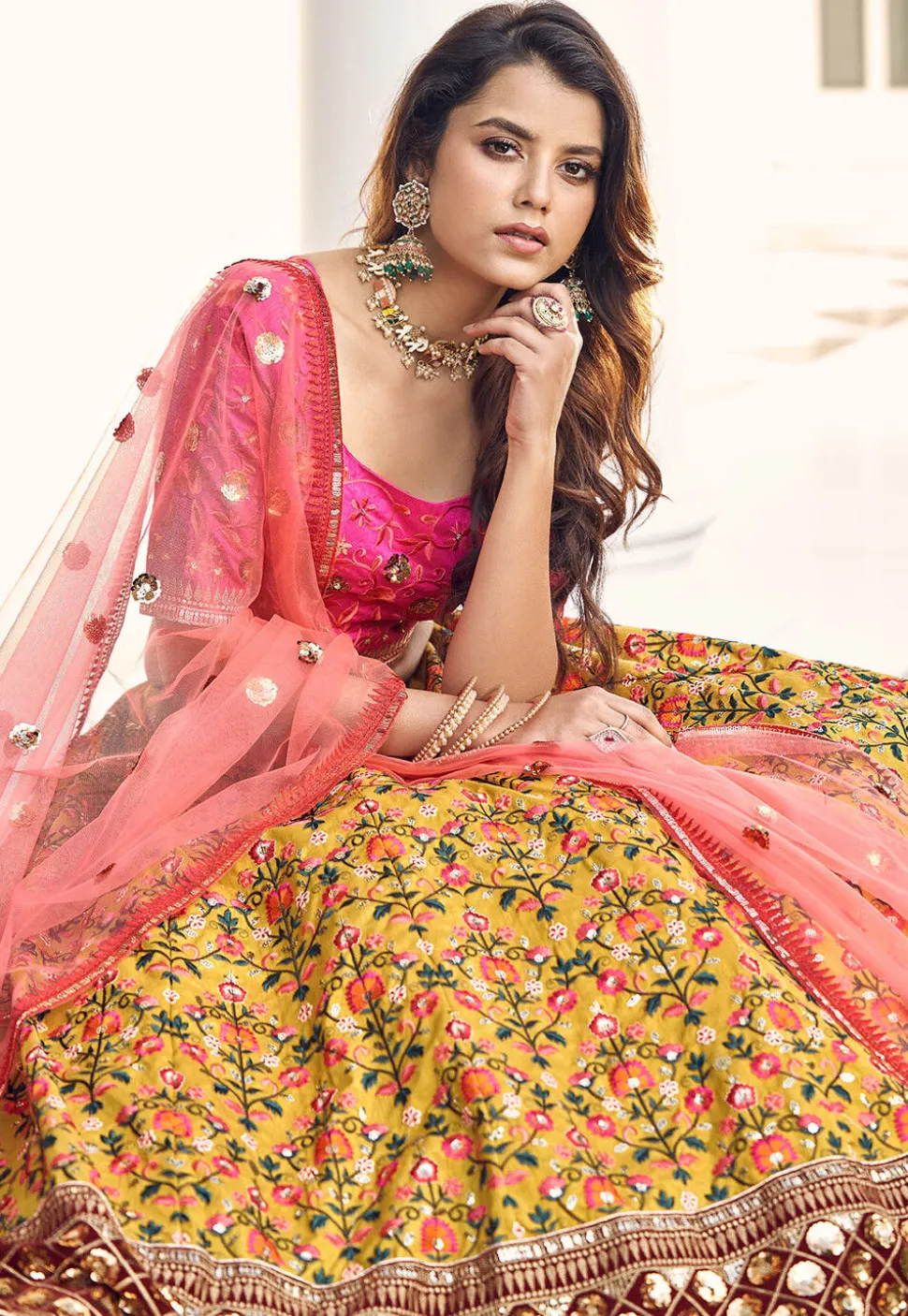 Embroidered Art Silk Lehenga in Mustard