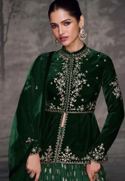Embroidered Art Silk Lehenga in Dark Green