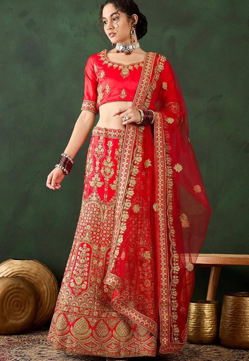 Embroidered Art Silk Lehenga in Red