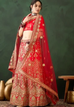 Embroidered Art Silk Lehenga in Red