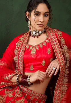 Embroidered Art Silk Lehenga in Red