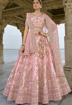 Embroidered Art Silk Lehenga in Pink