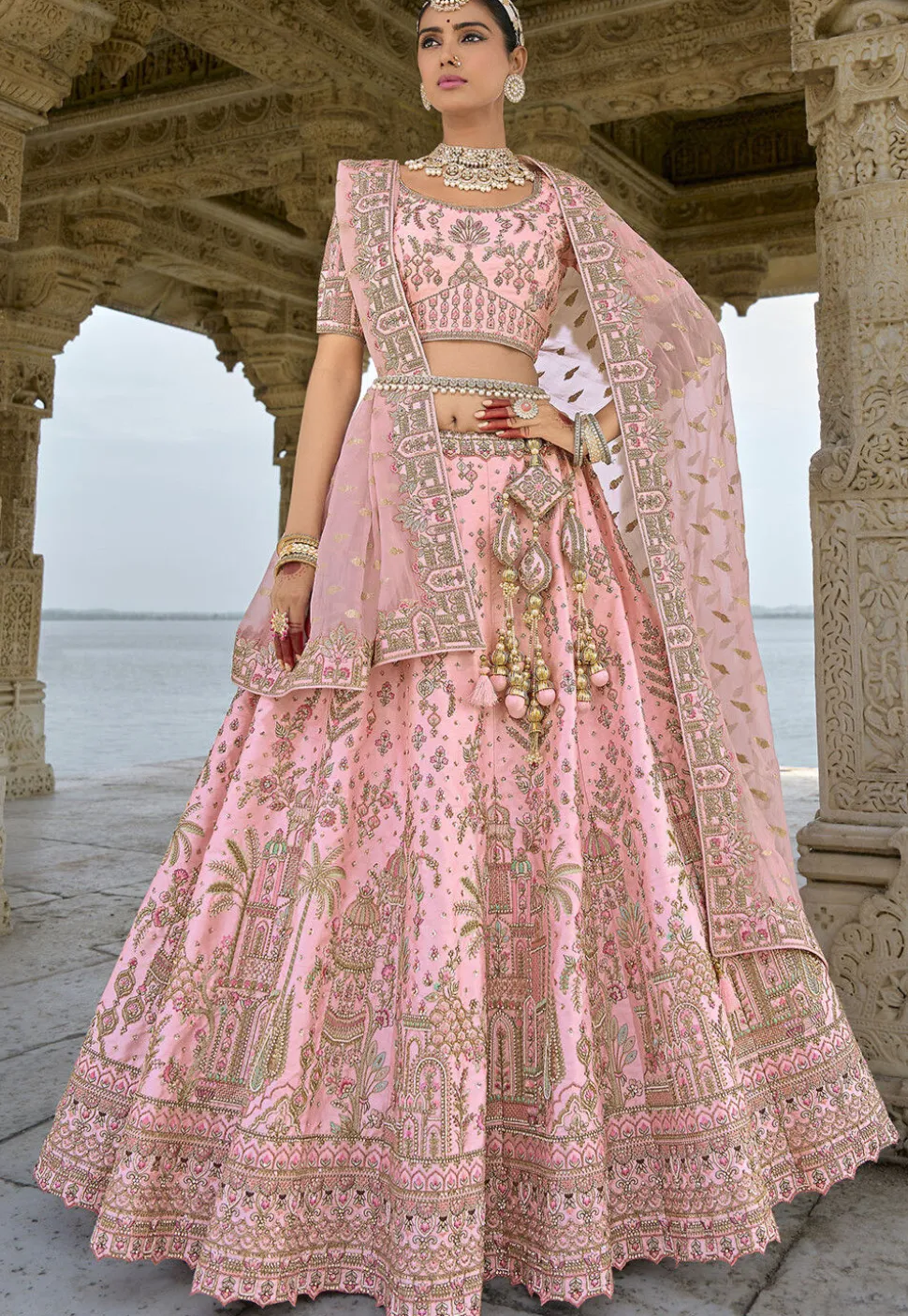 Embroidered Art Silk Lehenga in Pink