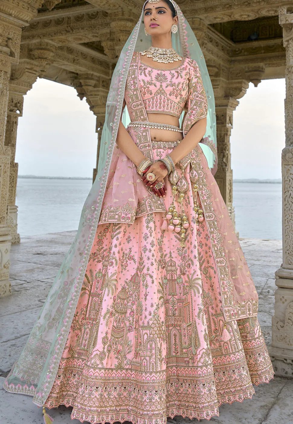 Embroidered Art Silk Lehenga in Pink