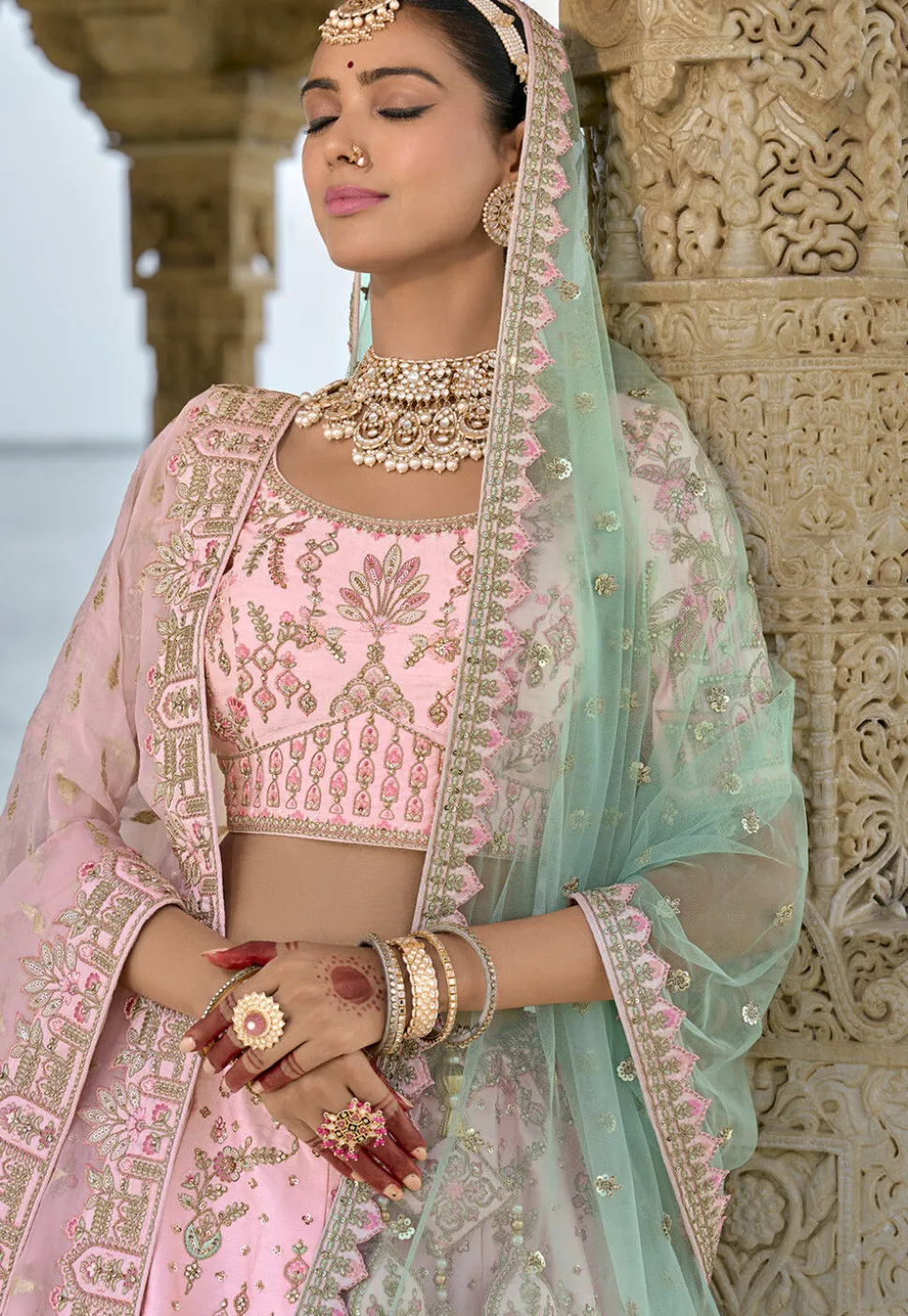 Embroidered Art Silk Lehenga in Pink
