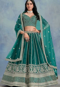 Embroidered Art Silk Lehenga in Teal Green