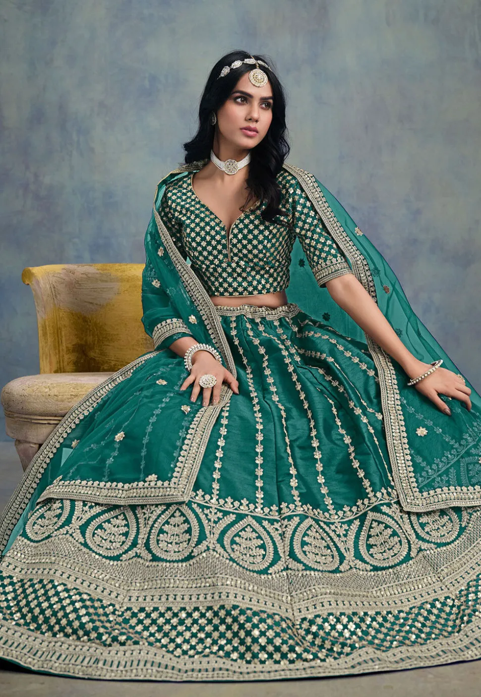 Embroidered Art Silk Lehenga in Teal Green