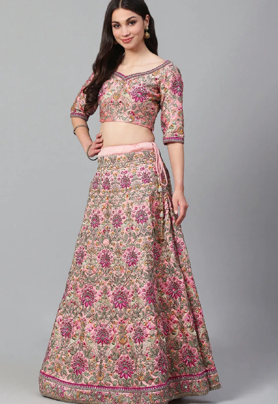 Embroidered Art Silk Lehenga in Pink