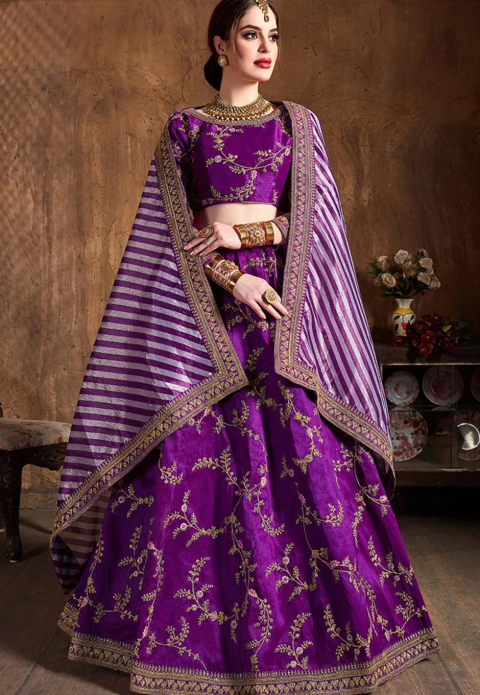 Embroidered Art Silk Lehenga in Purple