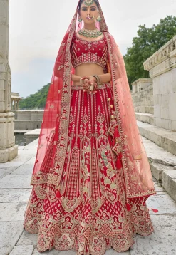 Embroidered Art Silk Lehenga in Red