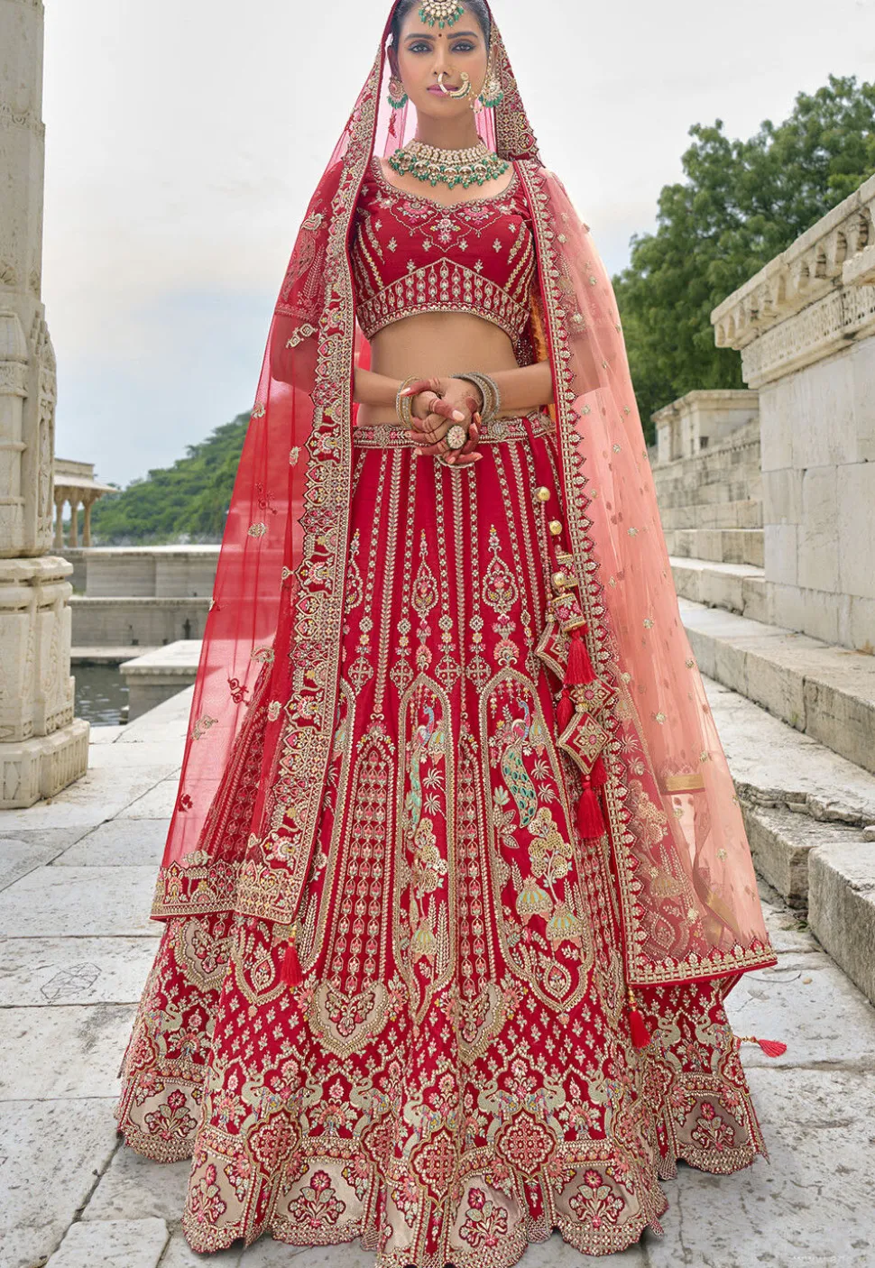 Embroidered Art Silk Lehenga in Red