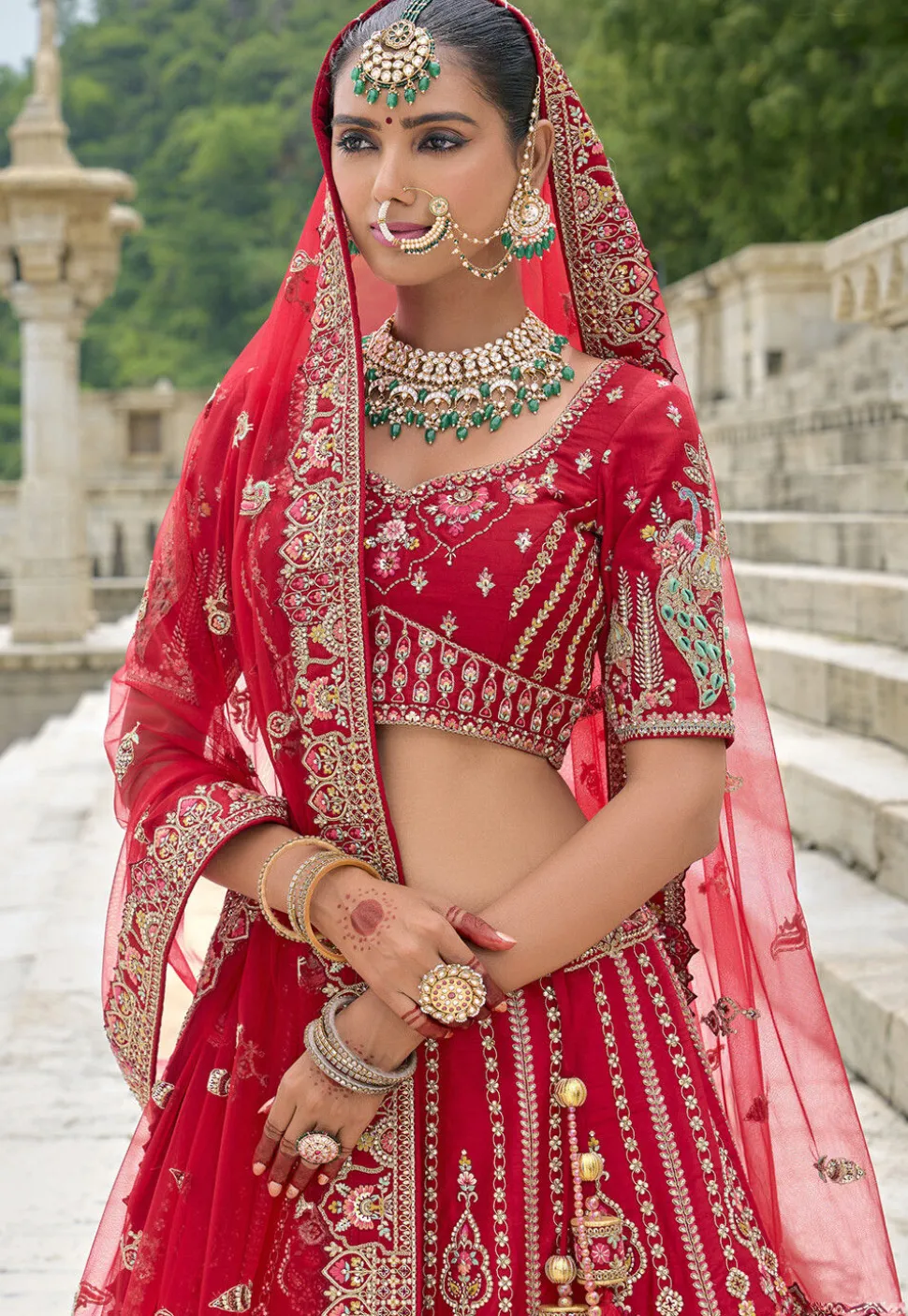 Embroidered Art Silk Lehenga in Red