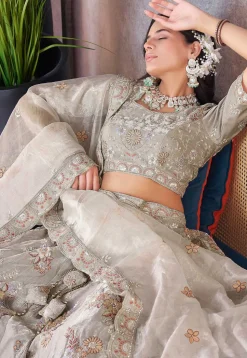 Embroidered Art Silk Lehenga in Grey