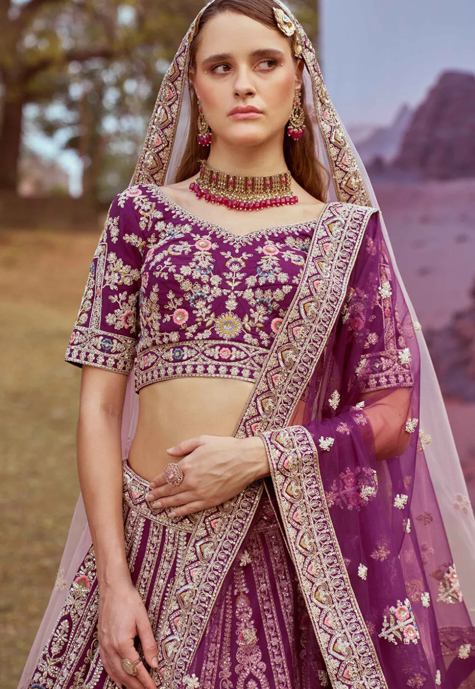 Embroidered Art Silk Lehenga in Purple