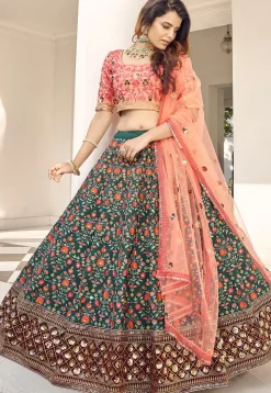 Embroidered Art Silk Lehenga in Teal Green