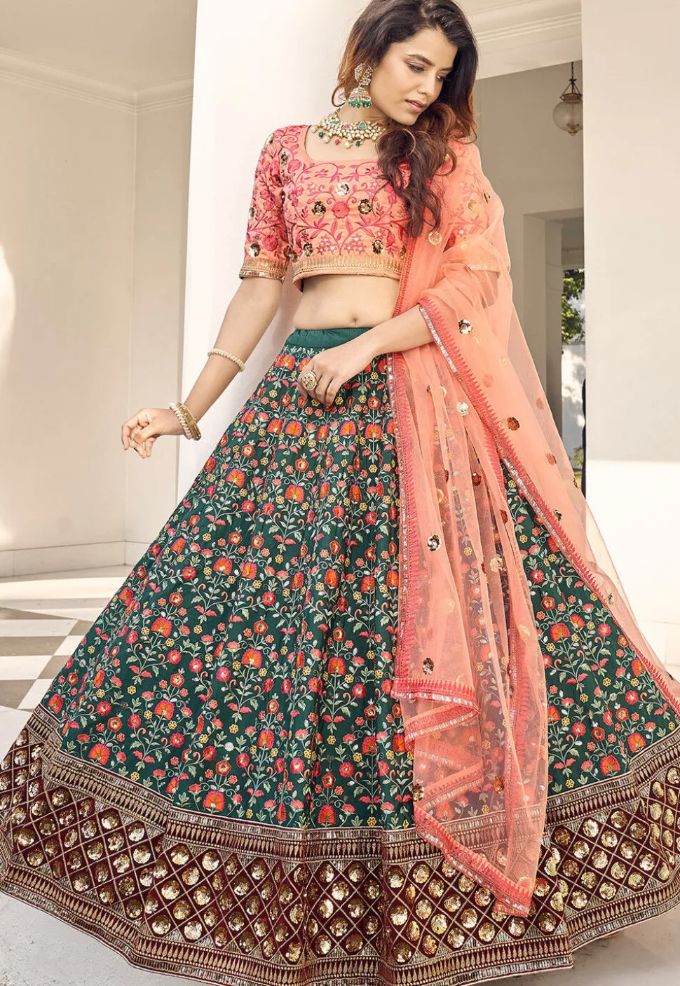 Embroidered Art Silk Lehenga in Teal Green