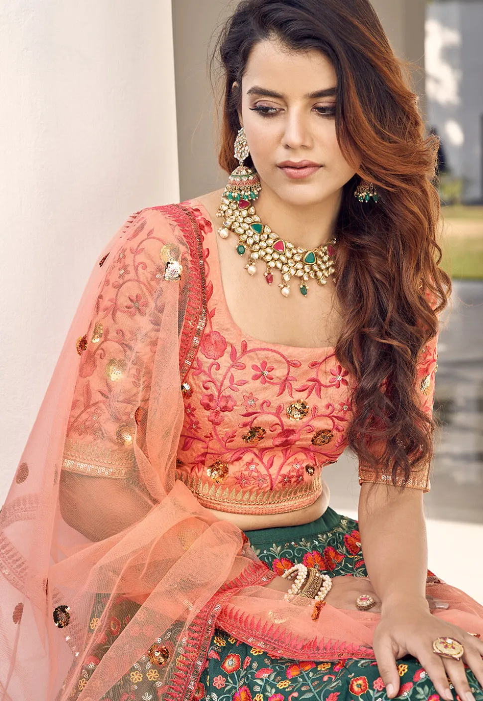 Embroidered Art Silk Lehenga in Teal Green