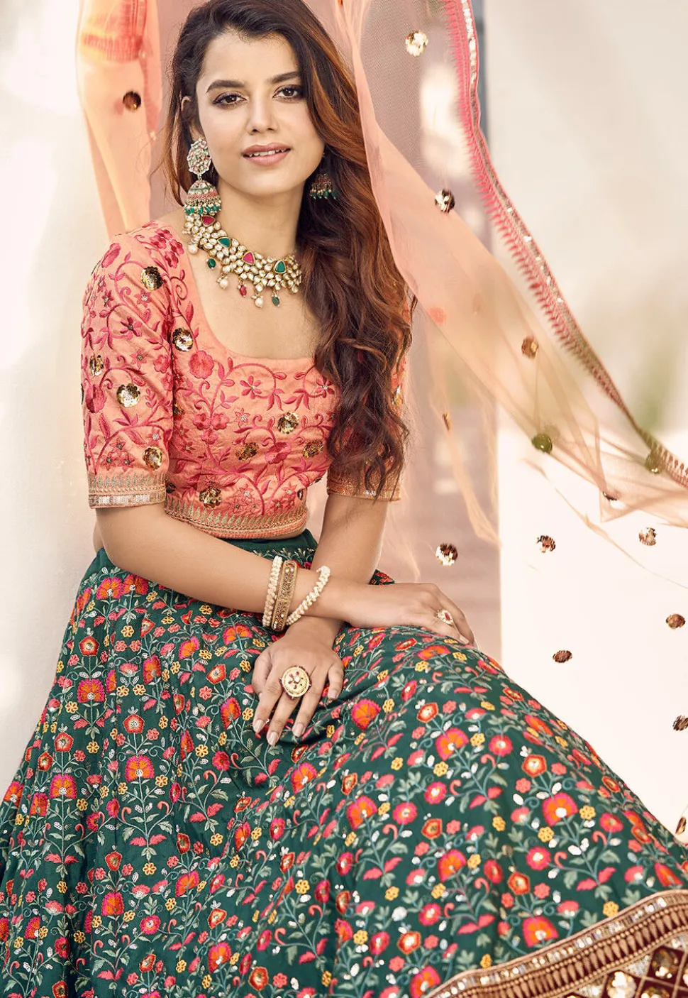 Embroidered Art Silk Lehenga in Teal Green