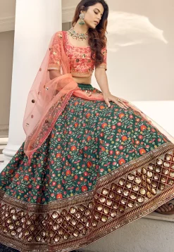 Embroidered Art Silk Lehenga in Teal Green