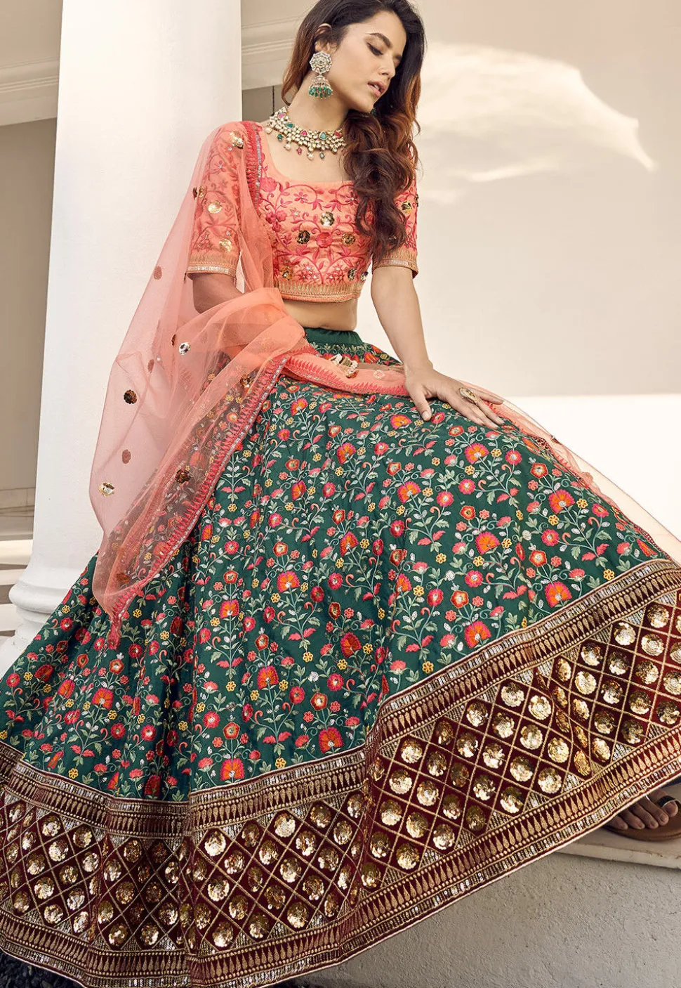 Embroidered Art Silk Lehenga in Teal Green