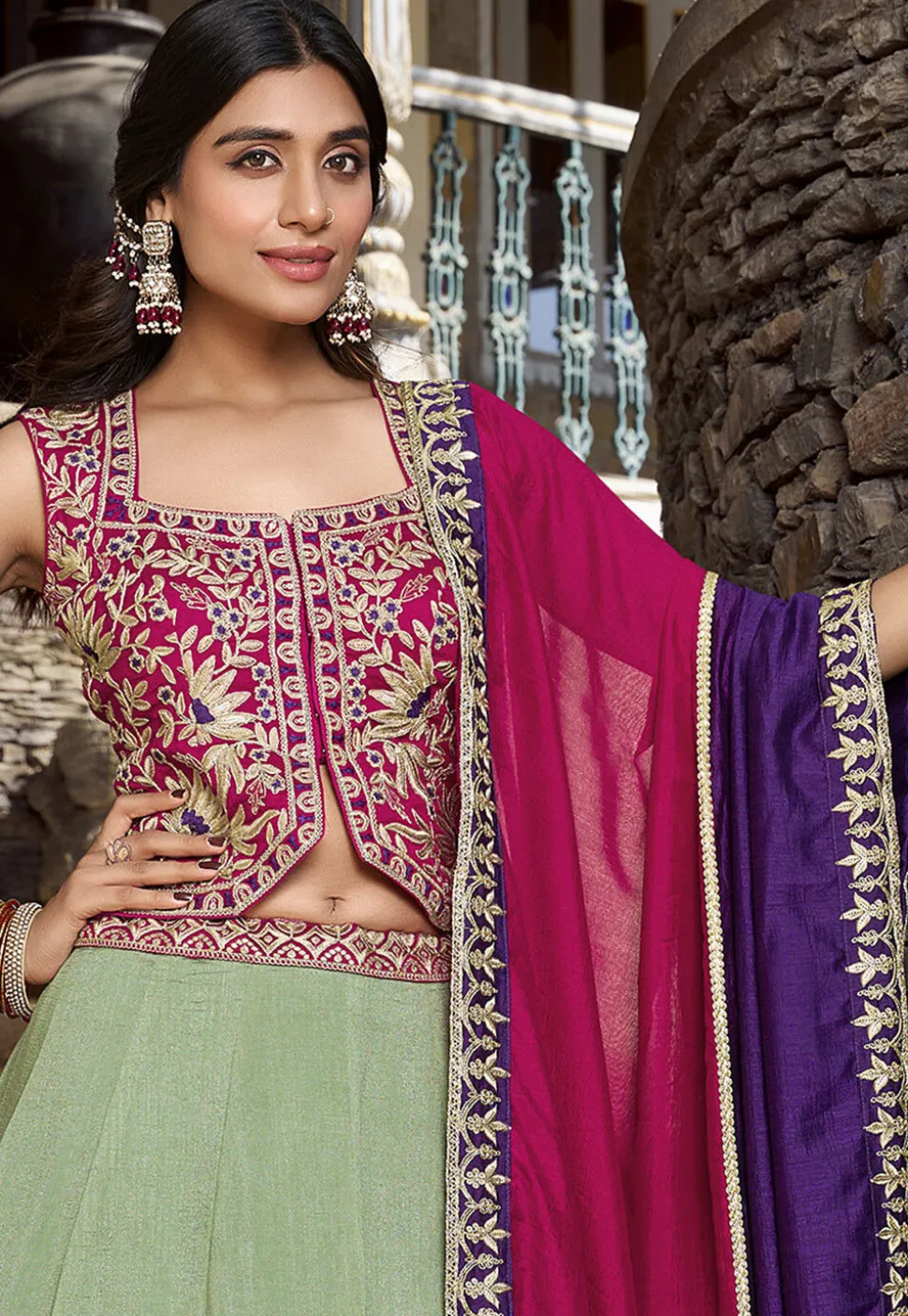 Embroidered Art Silk Lehenga in Dusty Green