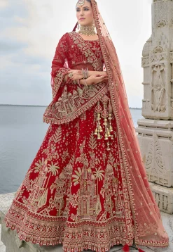 Embroidered Art Silk Lehenga in Red