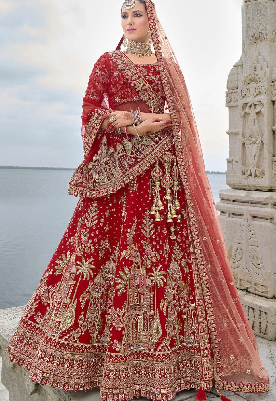 Embroidered Art Silk Lehenga in Red