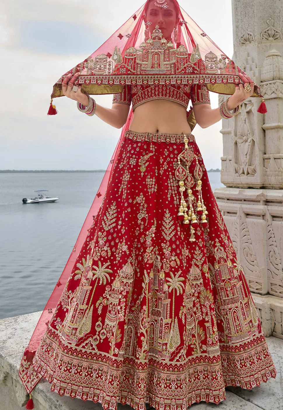 Embroidered Art Silk Lehenga in Red