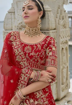 Embroidered Art Silk Lehenga in Red