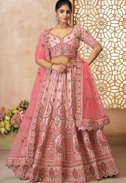 Embroidered Art Silk Lehenga in Pink