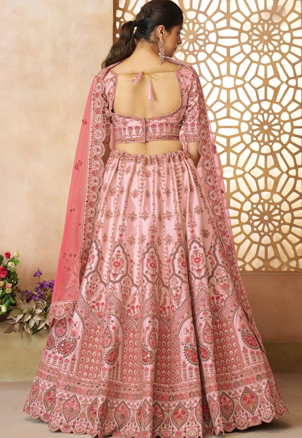Embroidered Art Silk Lehenga in Pink