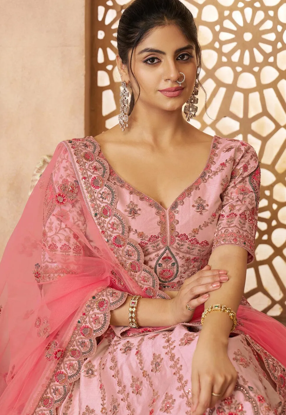 Embroidered Art Silk Lehenga in Pink