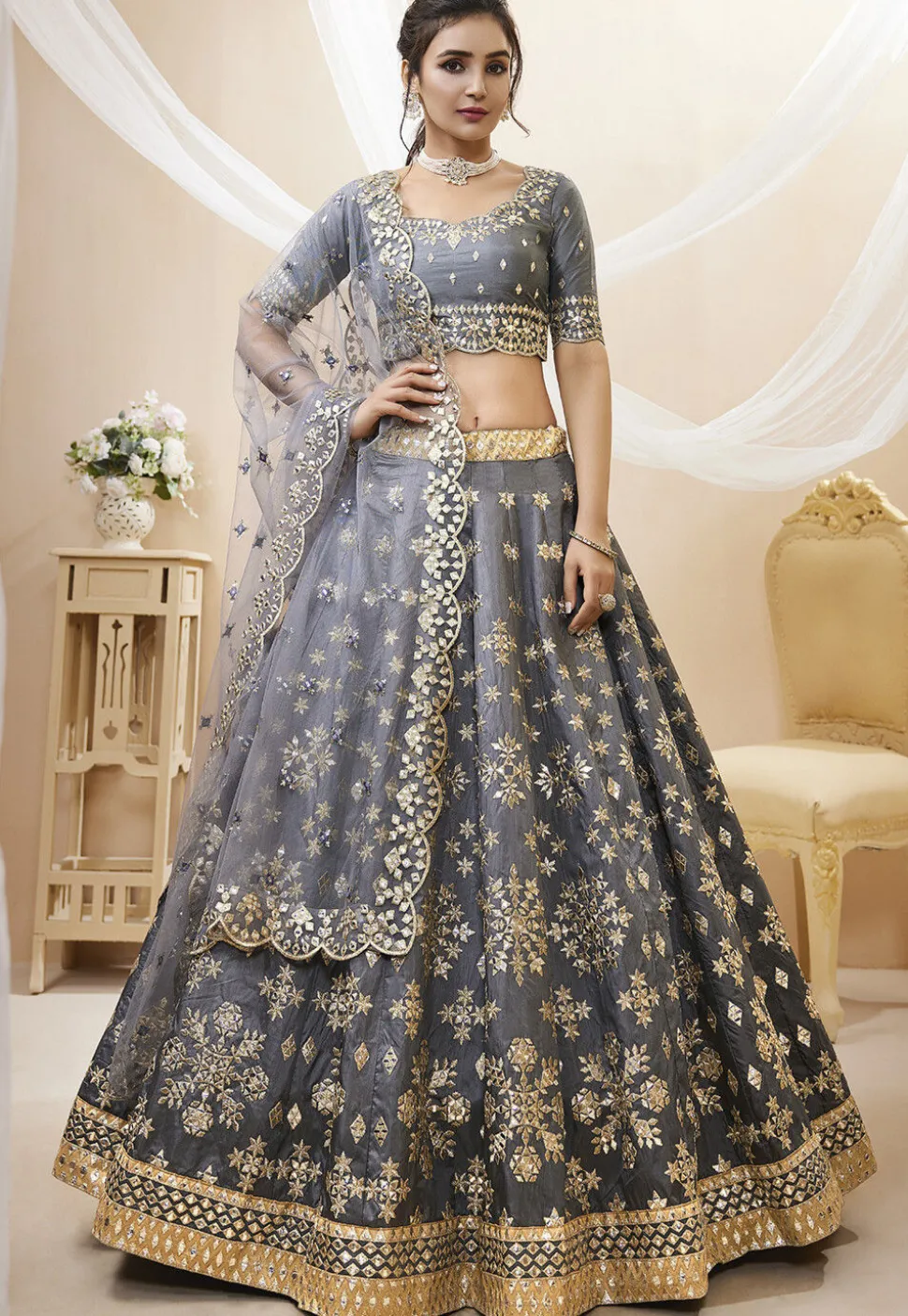 Embroidered Art Silk Lehenga in Grey