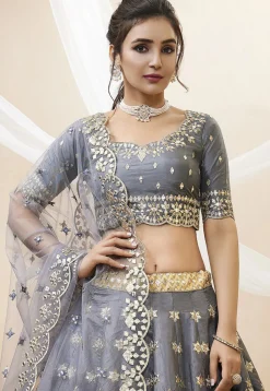 Embroidered Art Silk Lehenga in Grey