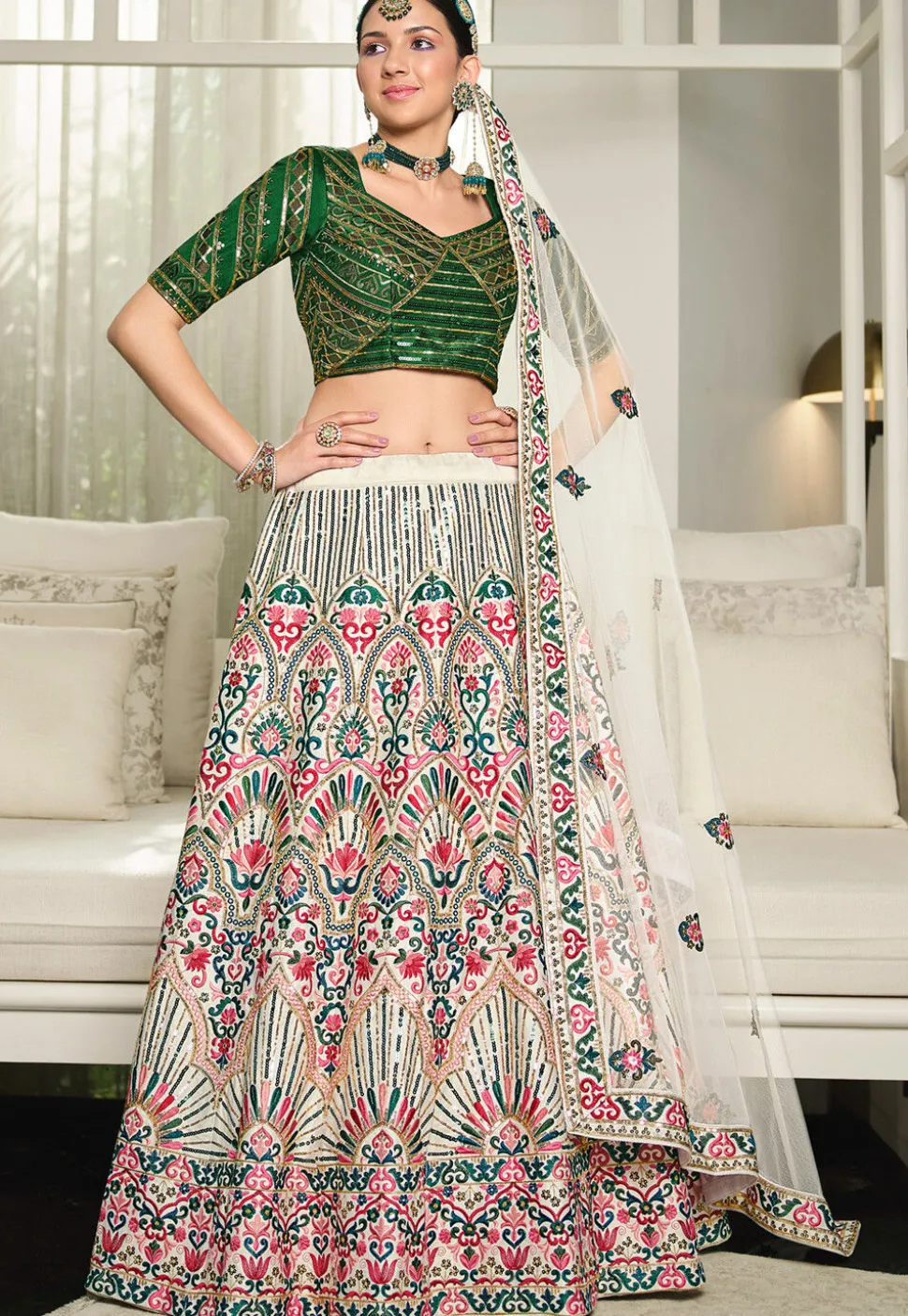 Embroidered Art Silk Lehenga in Off White