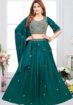 Embroidered Art Silk Lehenga in Teal Green