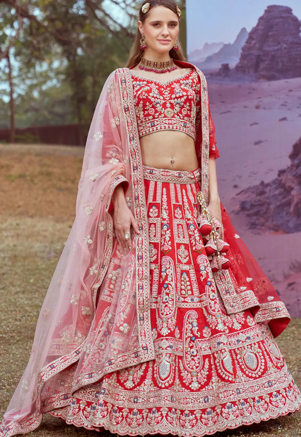 Embroidered Art Silk Lehenga in Red