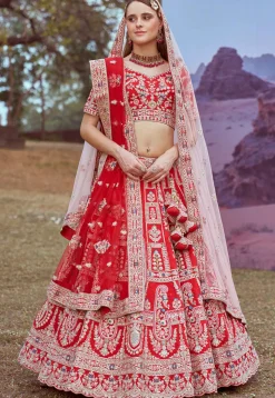 Embroidered Art Silk Lehenga in Red