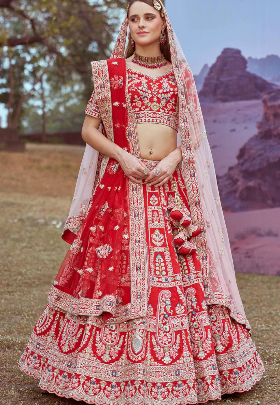 Embroidered Art Silk Lehenga in Red