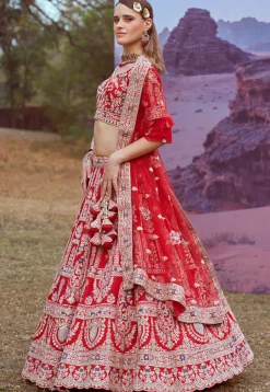 Embroidered Art Silk Lehenga in Red