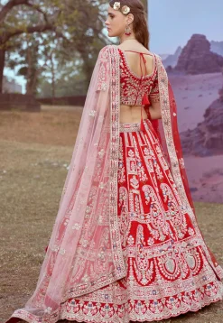 Embroidered Art Silk Lehenga in Red
