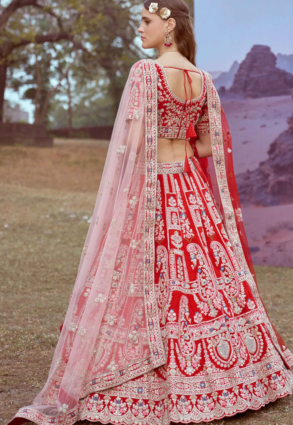 Embroidered Art Silk Lehenga in Red