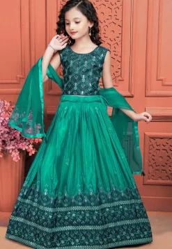 Embroidered Art Silk Lehenga in Teal Blue