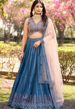 Embroidered Art Silk Lehenga in Blue