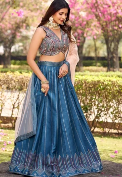 Embroidered Art Silk Lehenga in Blue