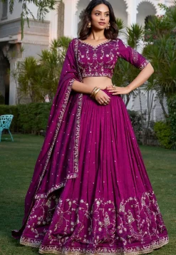 Embroidered Art Silk Lehenga in Wine