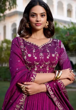 Embroidered Art Silk Lehenga in Wine