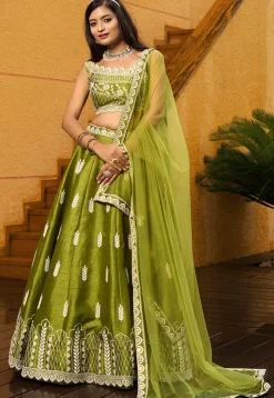 Embroidered Art Silk Lehenga in Light Green