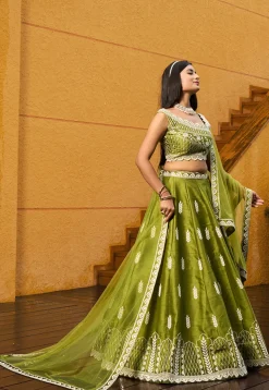 Embroidered Art Silk Lehenga in Light Green
