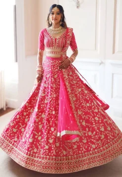 Embroidered Art Silk Lehenga in Fuchsia